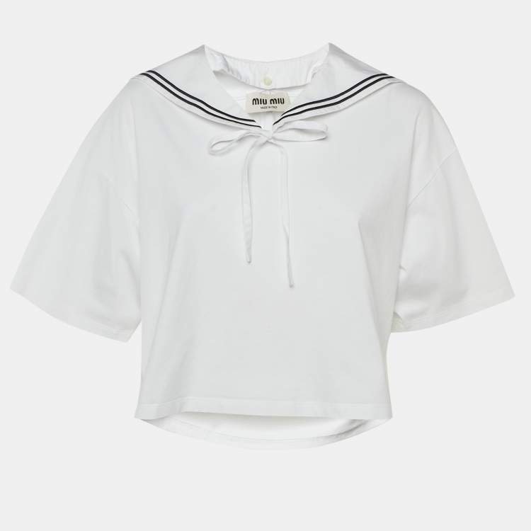 Pre Owned Miu Miu White Cotton Logo Embroidered Sailor Collar T-Shirt L