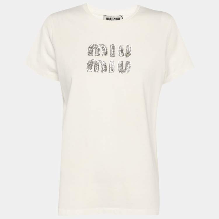 Pre Owned Miu Miu White Jersey Logo T-Shirt XS