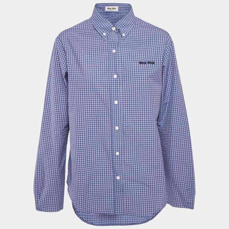 Pre Owned Miu Miu Blue Checked Cotton Logo Embroidered Shirt M