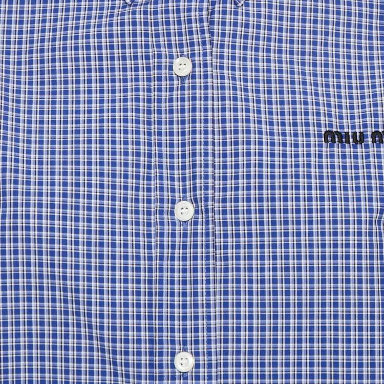 Pre Owned Miu Miu Blue Checked Cotton Logo Embroidered Shirt M