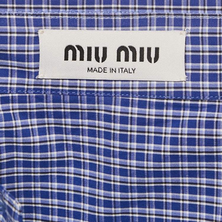 Pre Owned Miu Miu Blue Checked Cotton Logo Embroidered Shirt M