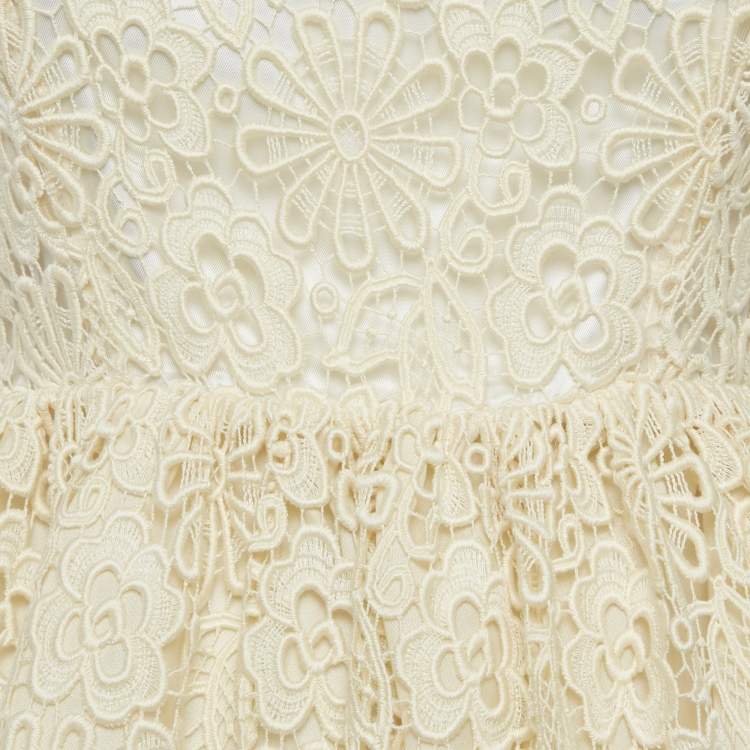 Pre Owned Miu Miu Cream Cord Guipure Lace Mini Flared Dress S