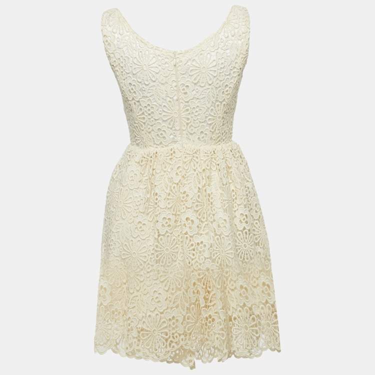 Pre Owned Miu Miu Cream Cord Guipure Lace Mini Flared Dress S