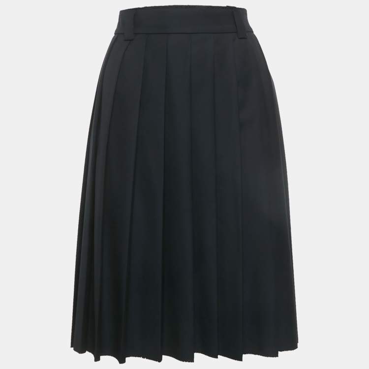 Pre Owned Miu Miu Blue Logo Applique Wool Pleated Knee Length Skirt M