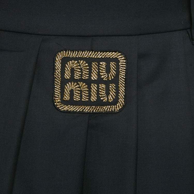 Pre Owned Miu Miu Blue Logo Applique Wool Pleated Knee Length Skirt M