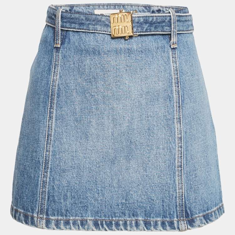 Pre Owned Miu Miu Blue Logo Detail Belt Denim Mini Skirt XS/Waist 25"