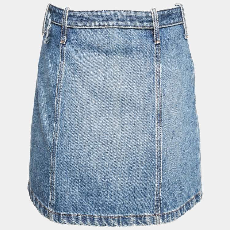 Pre Owned Miu Miu Blue Logo Detail Belt Denim Mini Skirt XS/Waist 25"