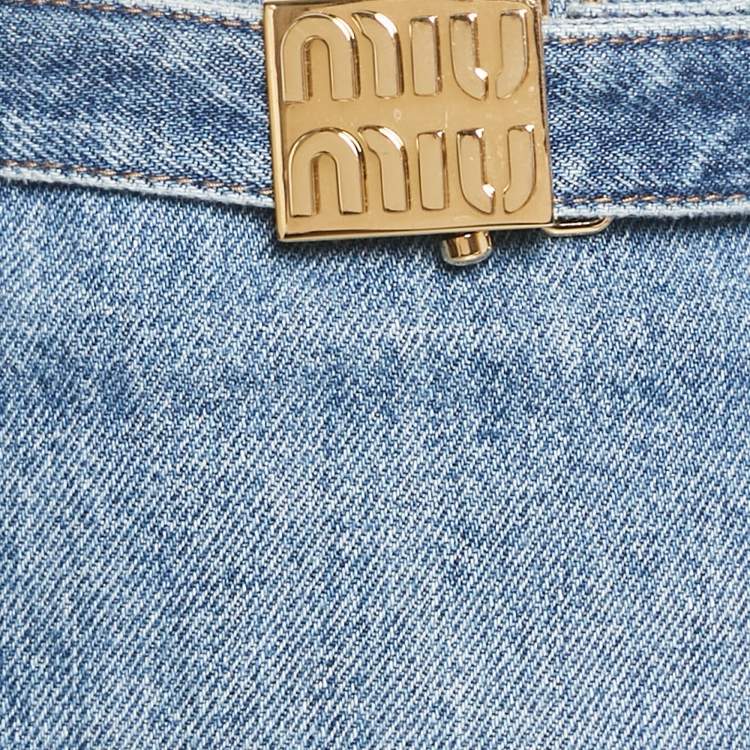 Pre Owned Miu Miu Blue Logo Detail Belt Denim Mini Skirt XS/Waist 25"