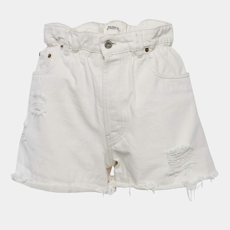 Pre Owned Miu Miu Off-White Denim Elastic Waist Distressed Shorts S