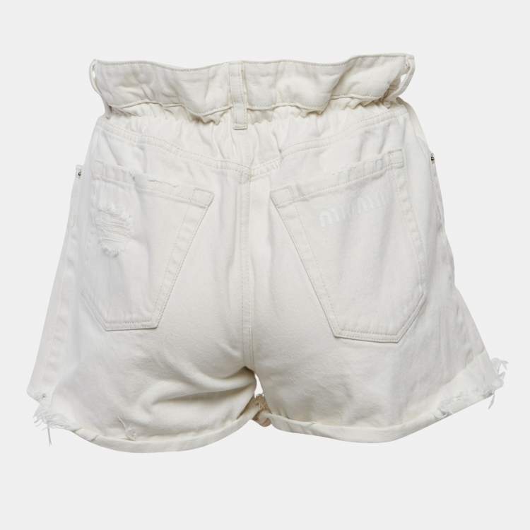 Pre Owned Miu Miu Off-White Denim Elastic Waist Distressed Shorts S