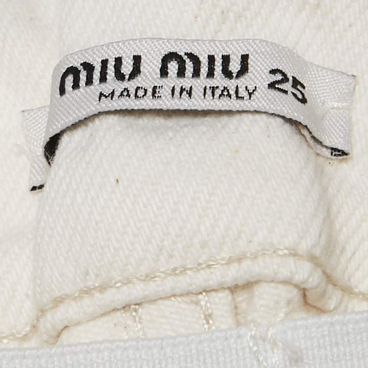 Pre Owned Miu Miu Off-White Denim Elastic Waist Distressed Shorts S