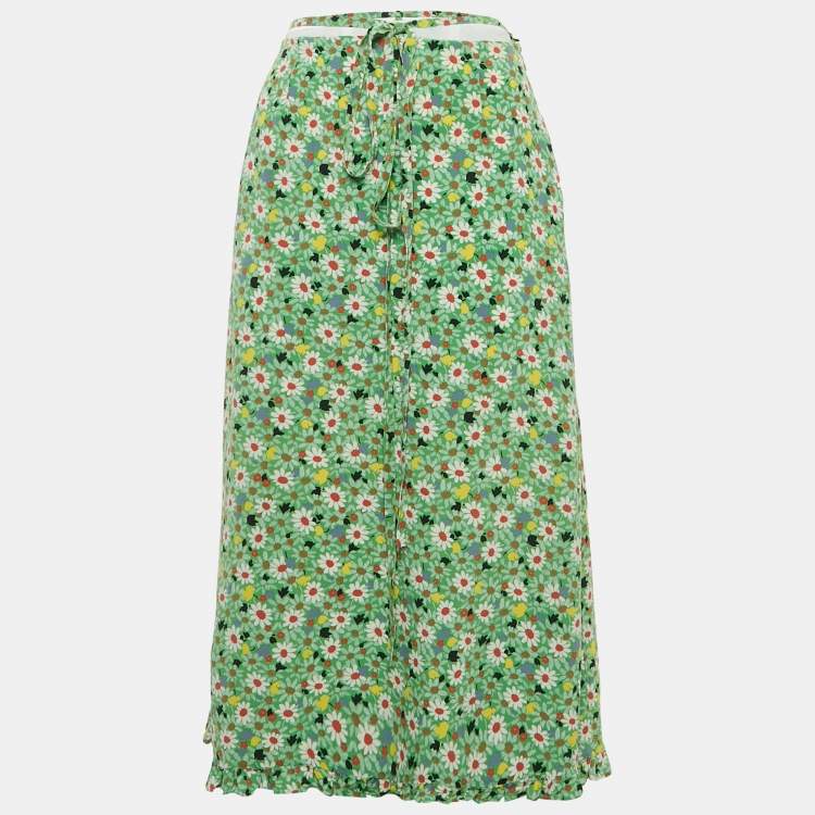 Pre Owned Miu Miu Green Botanical Marocain Silk Midi Skirt S