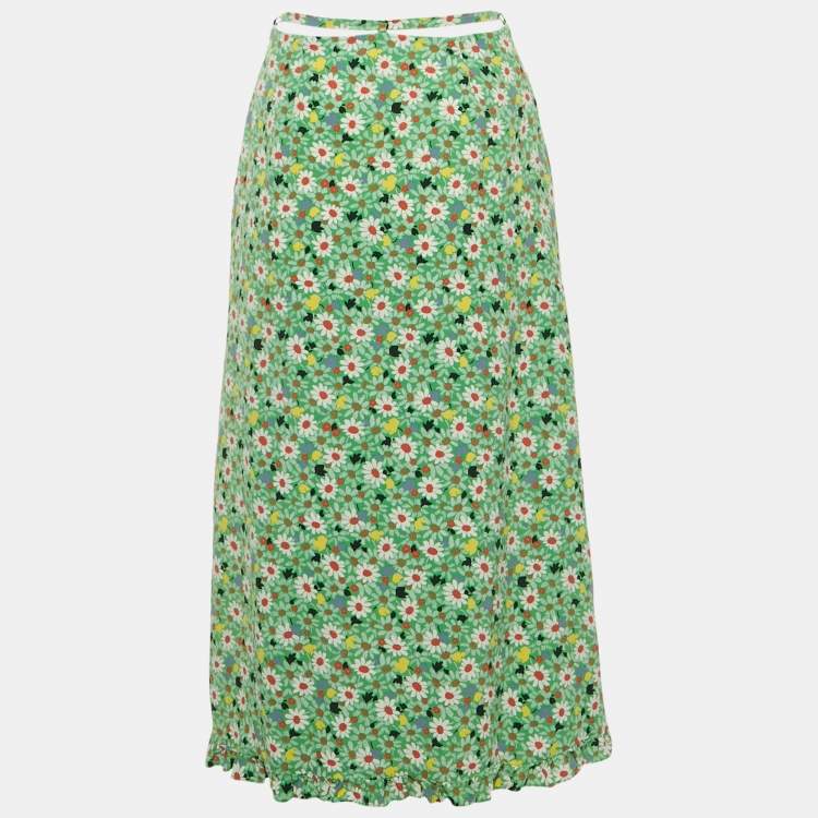 Pre Owned Miu Miu Green Botanical Marocain Silk Midi Skirt S
