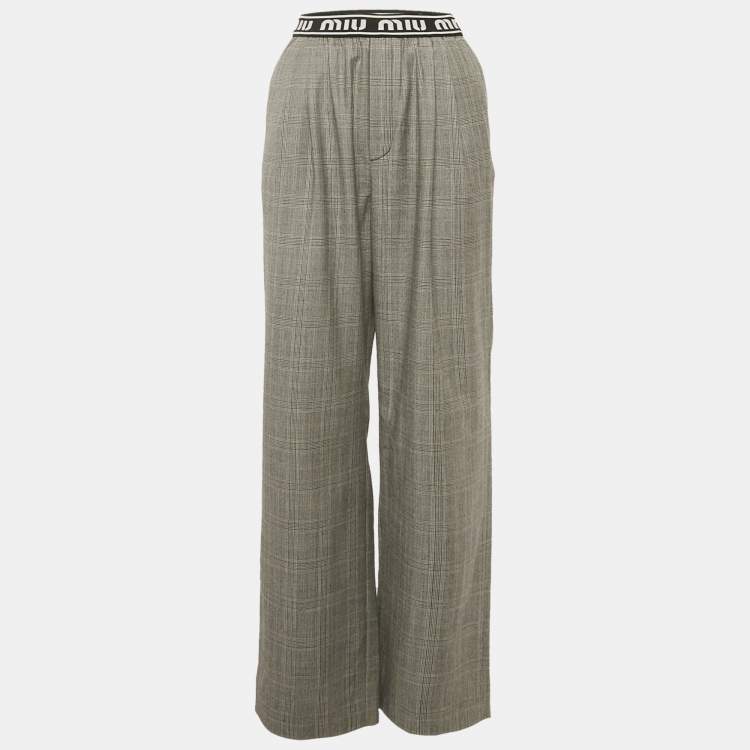 Pre Owned Miu Miu Dark Grey Plaid Wool Straight Leg Pants S