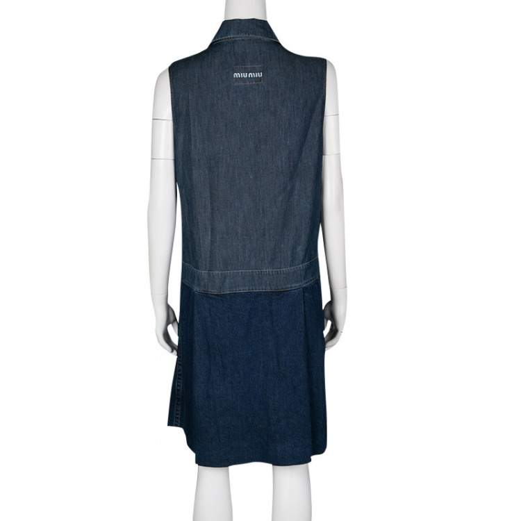 Pre Owned Miu Miu Indigo Dark Wash Colorblock Denim Sleeveless Pleated Dress M