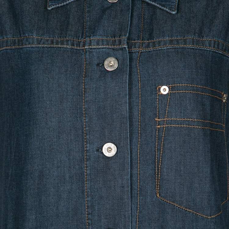 Pre Owned Miu Miu Indigo Dark Wash Colorblock Denim Sleeveless Pleated Dress M