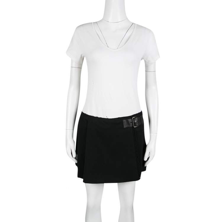 Pre Owned Miu Miu Black Wool Leather Buckle Detail Mini Skort S