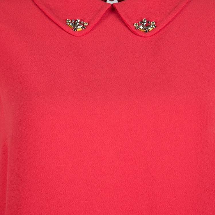Pre Owned Miu Miu Red Embellished Collar Cap Sleeve Dress S