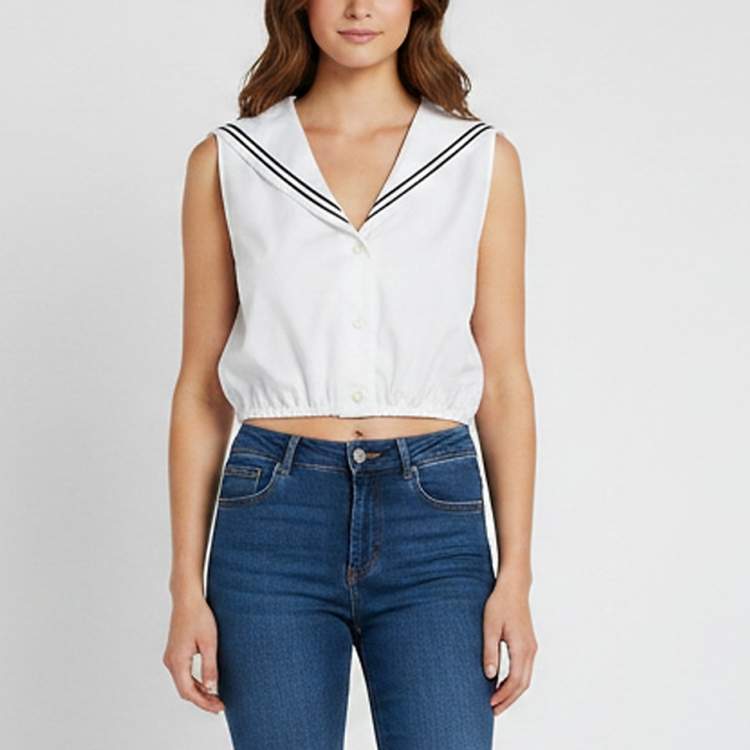 Miu Miu White Cotton Logo Embroidered Sailor Collar T-Shirt S