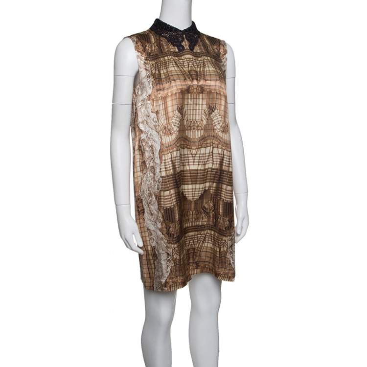 Pre Owned Miu Miu Brown Printed Contrast Lurex Collar Detail Sleeveless Dress M