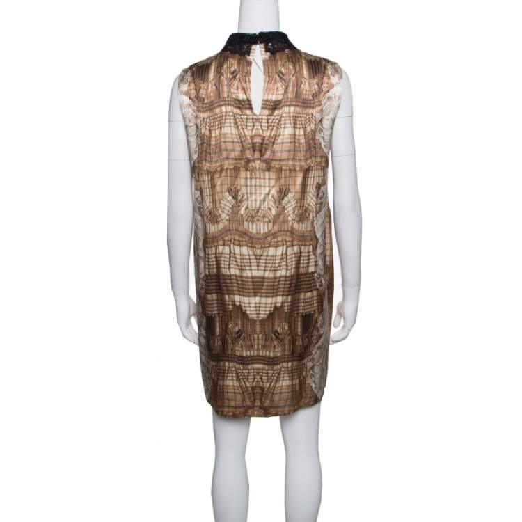 Pre Owned Miu Miu Brown Printed Contrast Lurex Collar Detail Sleeveless Dress M