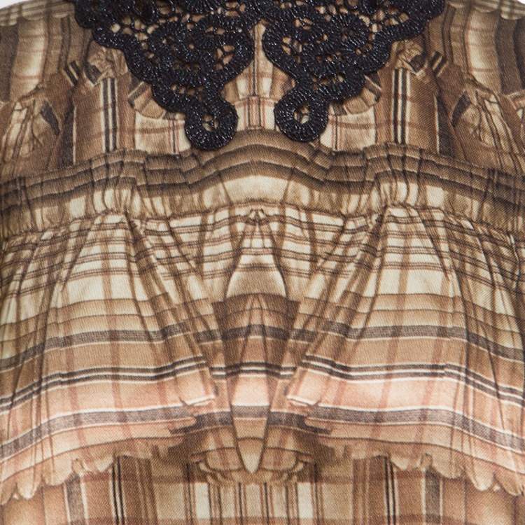 Pre Owned Miu Miu Brown Printed Contrast Lurex Collar Detail Sleeveless Dress M