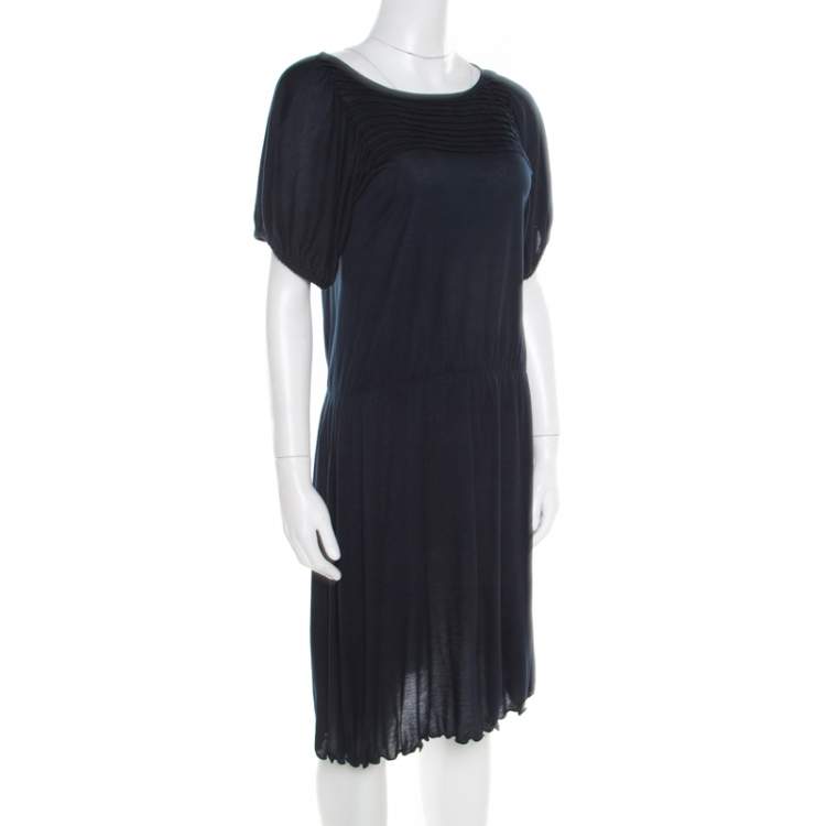 Pre Owned Miu Miu Navy Blue Cotton Jersey Gathered Dress S