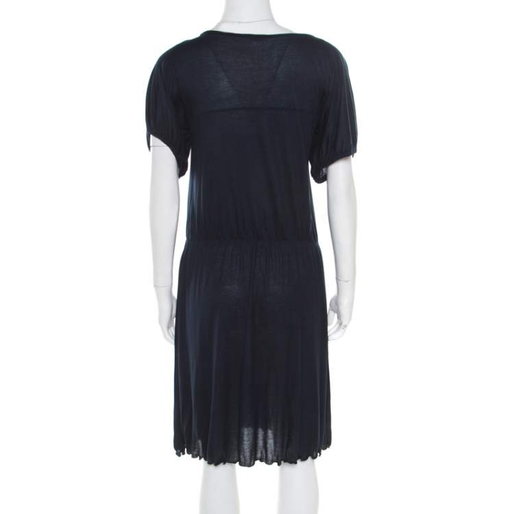 Pre Owned Miu Miu Navy Blue Cotton Jersey Gathered Dress S