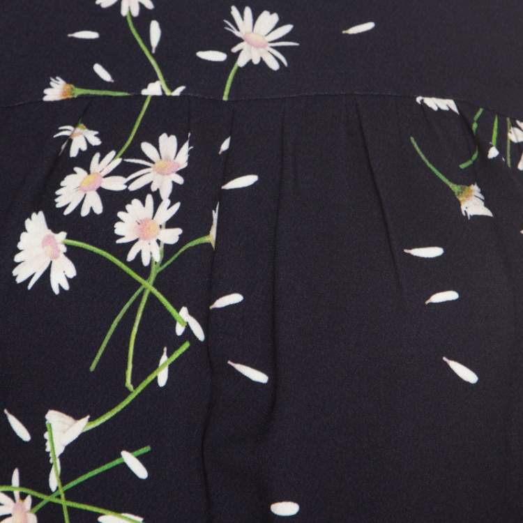 Pre Owned Miu Miu Navy Blue Floral Printed Ruched Waist Detail Long Sleeve Dress M