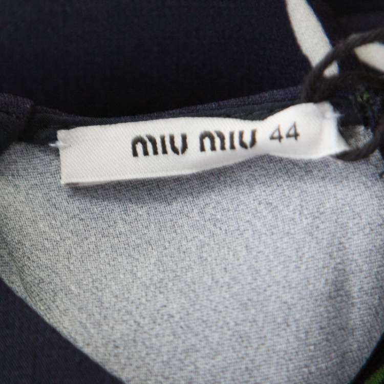 Pre Owned Miu Miu Navy Blue Floral Printed Ruched Waist Detail Long Sleeve Dress M