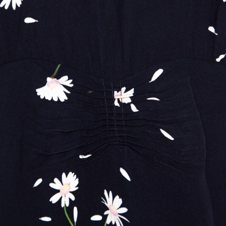 Pre Owned Miu Miu Navy Blue Floral Printed Ruched Waist Detail Long Sleeve Dress M