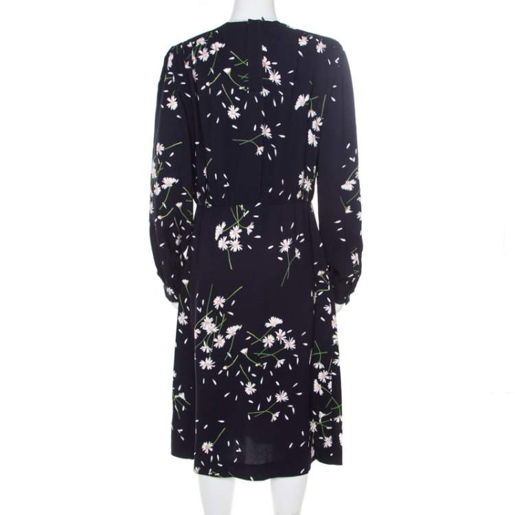 Pre Owned Miu Miu Navy Blue Floral Printed Ruched Waist Detail Long Sleeve Dress M