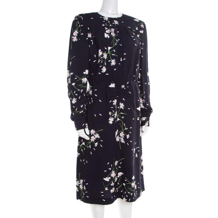 Pre Owned Miu Miu Navy Blue Floral Printed Ruched Waist Detail Long Sleeve Dress M