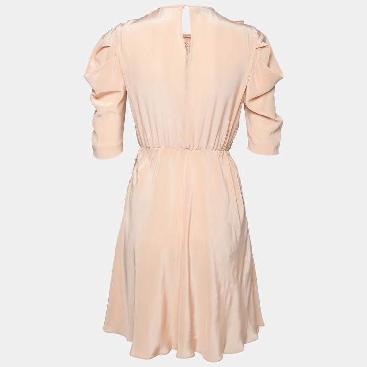 Pre Owned Miu Miu Beige Silk Lace Insert Pleated Ruffle Trim Dress S