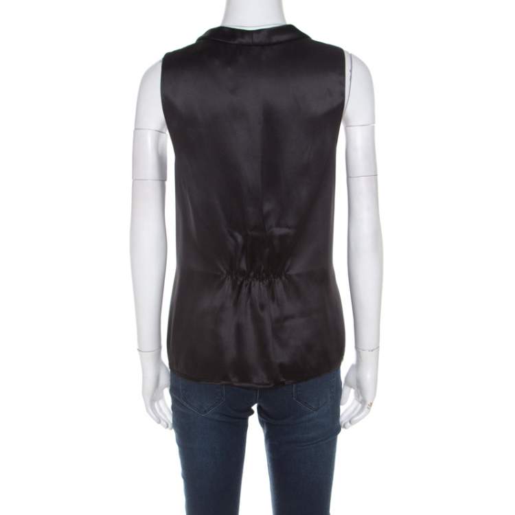 Pre Owned Miu Miu Black Satin Silk Pleat Front Sleeveless Blouse S