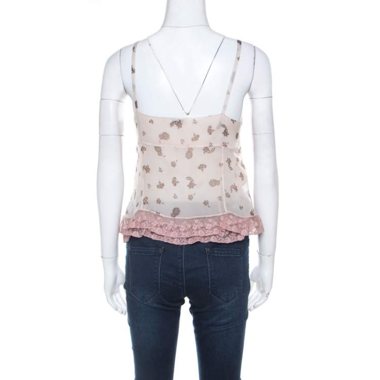 Pre Owned Miu Miu Pale Pink Silk Chiffon and Ruffled Lace Detail Camisole Top M 