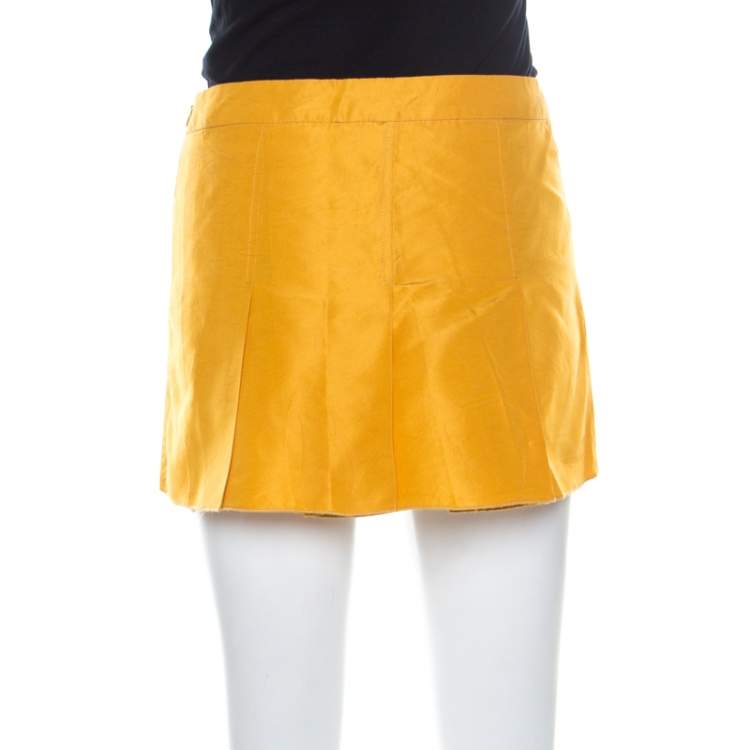 Pre Owned Miu Miu Yellow Taffeta Box Pleat Mini Skirt S