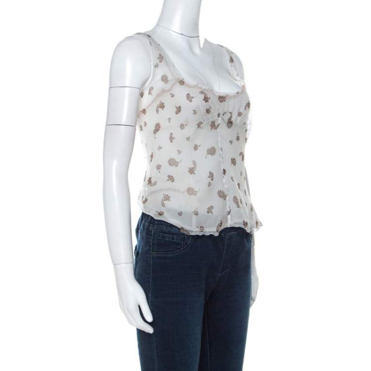 Pre Owned Miu Miu Pale Grey Printed Chiffon Wide Scoop Neck Slip & Sleeveless Top L