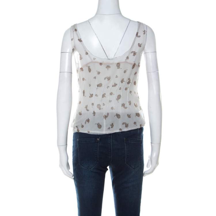 Pre Owned Miu Miu Pale Grey Printed Chiffon Wide Scoop Neck Slip & Sleeveless Top L