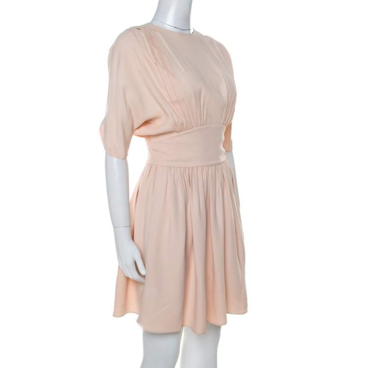Pre Owned Miu Miu Pale Pink Crepe Clinched Waist Pleated Mini Dress S