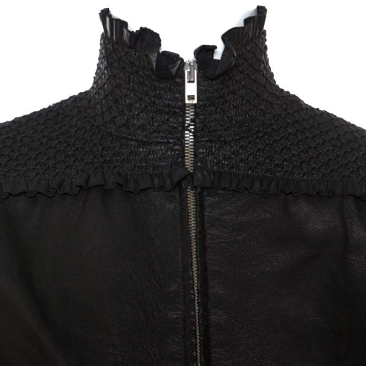Pre Owned Miu Miu Black Leather Smocked Bomber Jacket S
