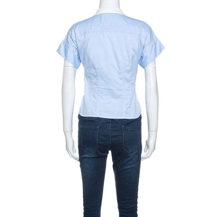 مملوكة مسبقًا Miu Miu Blue Cotton Contrast Collar Sort Sleeve Shirt S 
