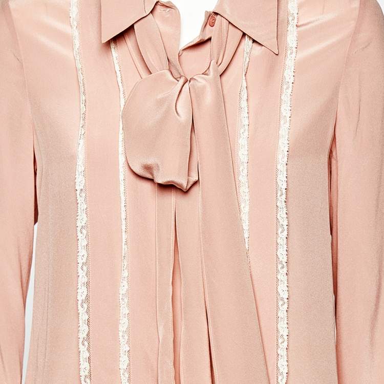 Pre Owned Miu Miu Pink SIlk Lace Trim Neck Tie Detail Shirt S