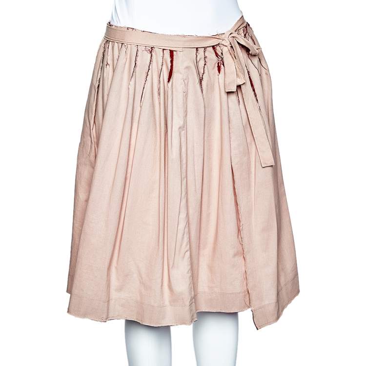 Pre Owned Miu Miu Pale Pink & Red Paneled Rawedge Detail Wrap Skirt M