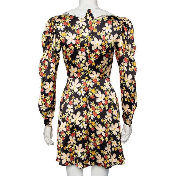 Pre Owned Miu Miu Black Floral Printed Satin Sable Gathered Mini Dress S