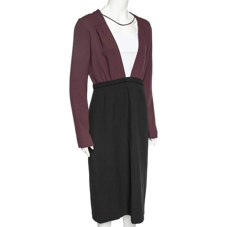 Pre Owned Miu Miu Black-Burgundy Textured Wool Plunge Neck Midi Dress L
