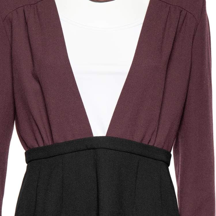 Pre Owned Miu Miu Black-Burgundy Textured Wool Plunge Neck Midi Dress L