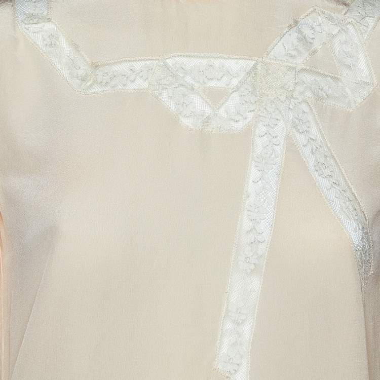 Pre Owned Miu Miu Cream Silk Bow Lace Detail Long Sleeve Blouse S