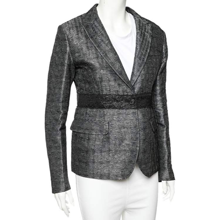 Pre Owned Miu Miu Charcoal Grey Patterned Lurex Silk Button Front Blazer M