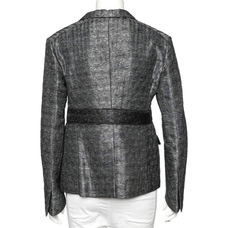 Pre Owned Miu Miu Charcoal Grey Patterned Lurex Silk Button Front Blazer M